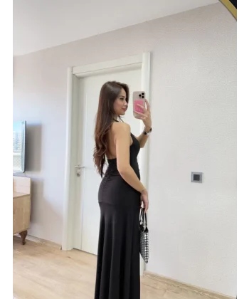 Sırt Dekolteli Uzun Kollu Elbise - Siyah