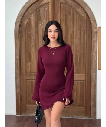 Sırt Pencereli Mini Triko Elbise - Bordo