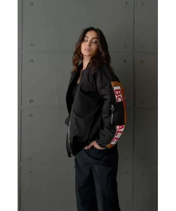 Sırt Ve Kol Parça Baskılı Bomber Ceket - Siyah