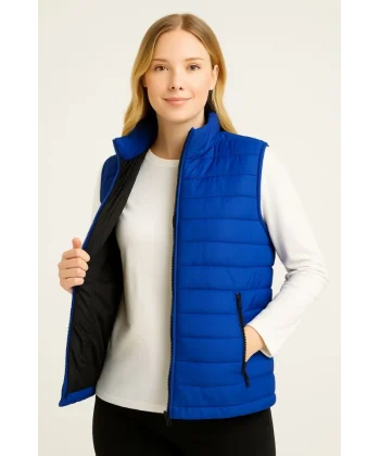 Şişme Fermuarlı Yelek Su Itici Kapitone Astarlı Kumaş Cepli Hafif Kışlık Spor Rahat Kalıp - Saks Mavisi