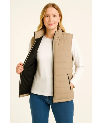 Şişme Fermuarlı Yelek Su Itici Kapitone Astarlı Kumaş Cepli Hafif Kışlık Spor Rahat Kalıp - Bej