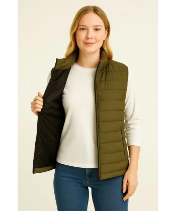 Şişme Fermuarlı Yelek Su Itici Kapitone Astarlı Kumaş Cepli Hafif Kışlık Spor Rahat Kalıp - Haki