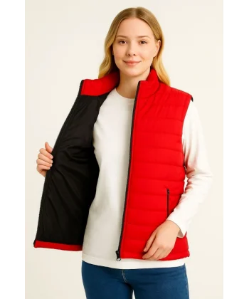 Şişme Fermuarlı Yelek Su Itici Kapitone Astarlı Kumaş Cepli Hafif Kışlık Spor Rahat Kalıp - Kırmızı