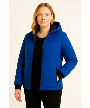 Şişme Kapüşonlu Fermuarlı Mont Su Itici Kapitone Astarlı Kumaş Cepli Kışlık Rahat Kalıp  - Saks Mavisi