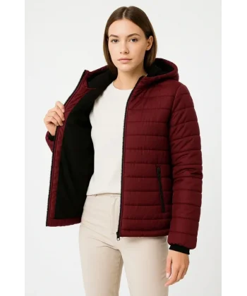 Şişme Kapüşonlu Fermuarlı Mont Su Itici Kapitone Astarlı Kumaş Cepli Kışlık Rahat Kalıp - Bordo