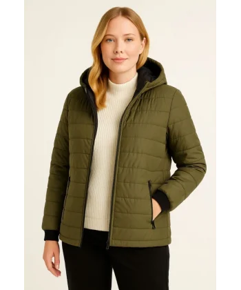 Şişme Kapüşonlu Fermuarlı Mont Su Itici Kapitone Astarlı Kumaş Cepli Kışlık Rahat Kalıp - Haki