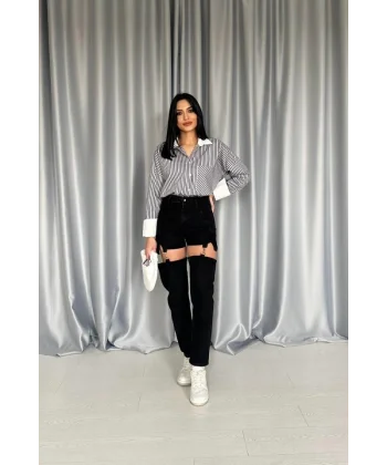 Siyah Askılı İki Parça Jeans Pantolon