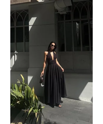 Siyah Askılı Keten Elbise