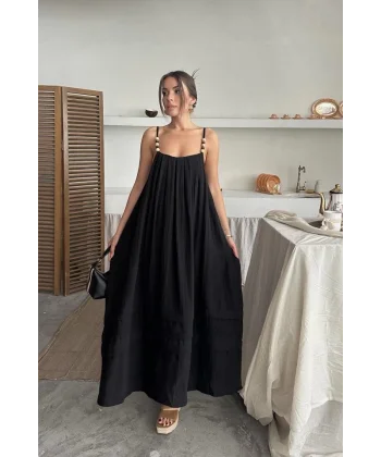 Siyah Askılı Müslin Elbise
