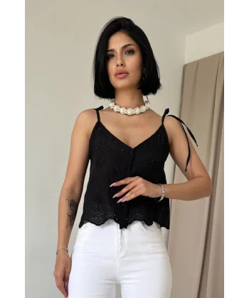 Siyah Bağcıklı Brode Bluz