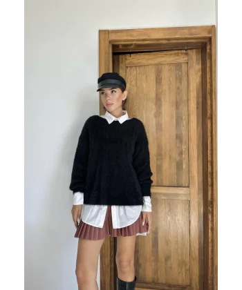 Siyah Baklava Desenli Triko Kazak