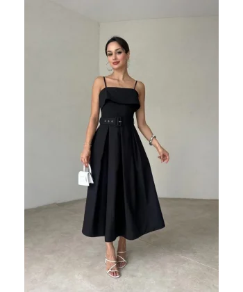 Siyah Beli Kemerli Pileli Elbise