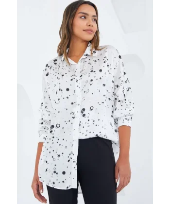 Siyah Beyaz Desenli Oversize Saten Gömlek 3985