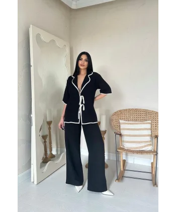 Siyah Biye Detaylı Keten Takım