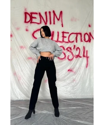 Siyah Boru Paça Jeans Pantolon