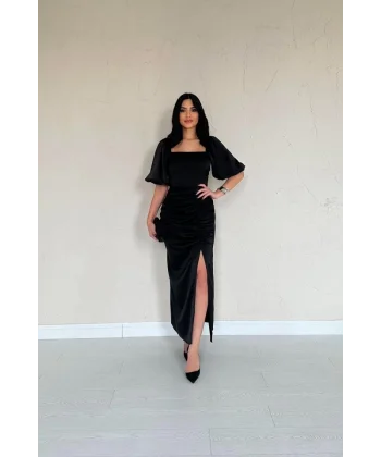 Siyah Büzgülü Saten Elbise