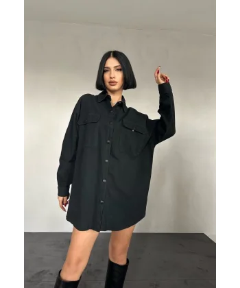 Siyah Çift Cep Kapaklı Çıtçıtlı Gömlek