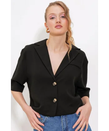 Siyah Çift Düğmeli Oversize Crop Keten Ceket 0706