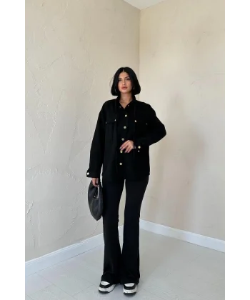 Siyah Çıtçıtlı Süet Gömlek