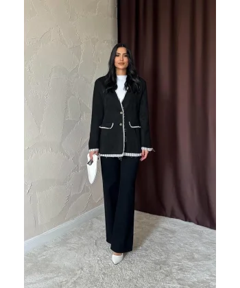 Siyah Çizgili Astarlı Garnili Süet Ceket