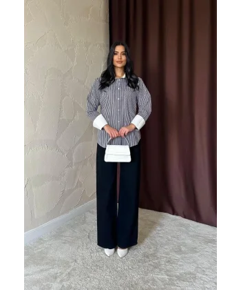 Siyah Çizgili Poplin Uzun Kol Gömlek