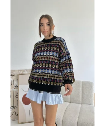 Siyah Desenli Triko Kazak