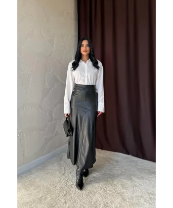 Siyah Fermuar Detaylı Deri Etek