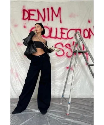 Siyah Geniş Paça Jeans Pantolon