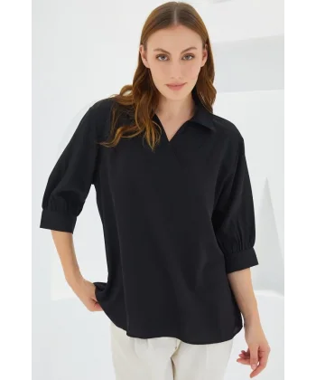 Siyah Gömlek Yaka Saten Bluz 0493