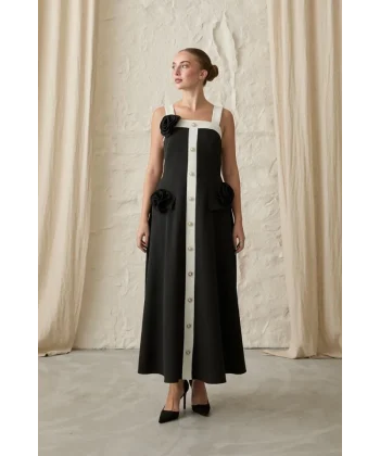 Siyah Güllü Askılı Elbise