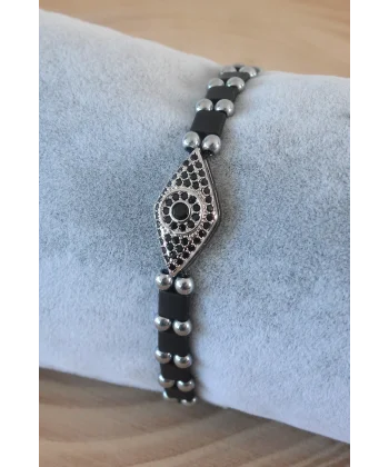 Siyah Gümüş Renk Zirkon Taşlı Makrome Doğal Taş Erkek Bileklik