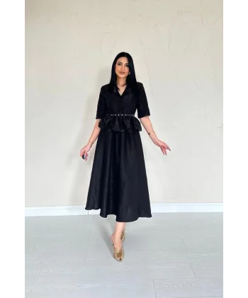 Siyah İnce Kemerli Fırfırlı Ceket Ve Büzgülü Etek Takım