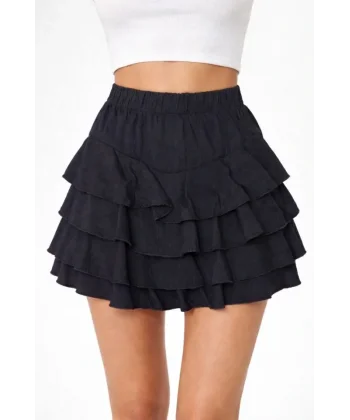 Siyah Katlı Mini Fırfıtlı Etek Lastikli Yüksel Bel, Volanlı Tasarım, Rahat Kalıp, Günlük Ve Şık Kombinelere Uygun Yazlık Etek - Siyah