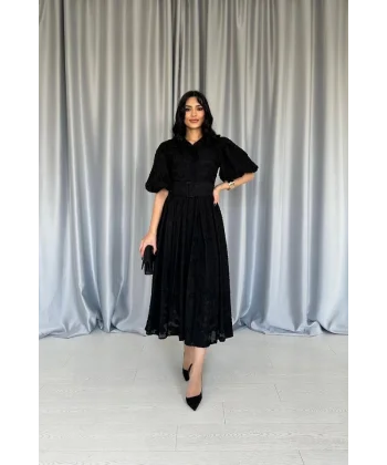 Siyah Kemerli Balon Kollu Elbise