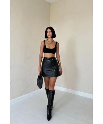 Siyah Kemerli Mini Deri Etek
