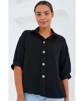 Siyah Kısa Kol Oversize Keten Gömlek 202
