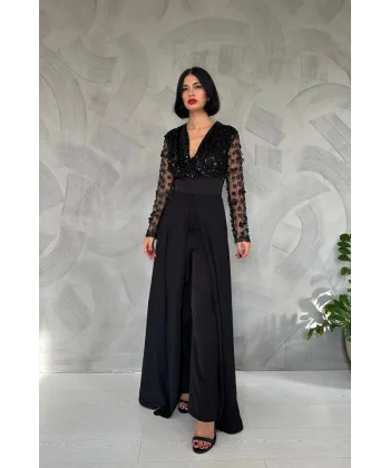 Siyah Kolları Tül Etekli Tulum