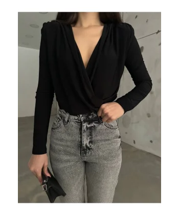 Siyah Kruvaze Yaka Vatkalı Bodysuit