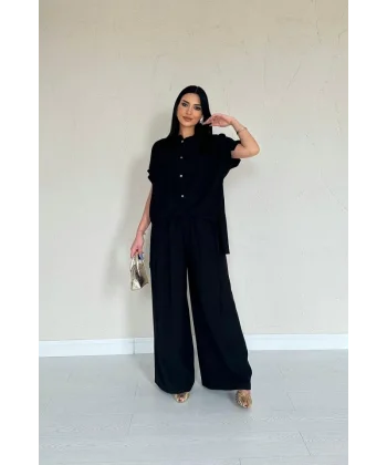 Siyah Önü Pileli İkili Keten Takım