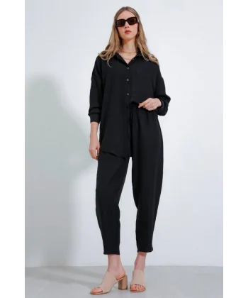 Siyah Oversize Keten Alt Üst Takım 6622