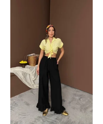 Siyah Paçası Fırfırlı Keten Pantolon