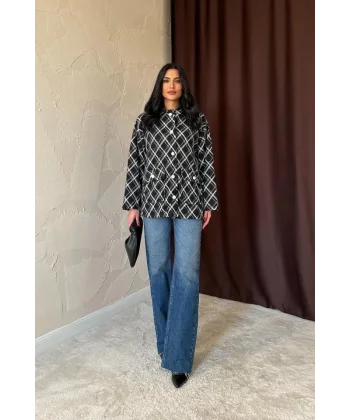 Siyah Polar Baklava Ekose Ceket