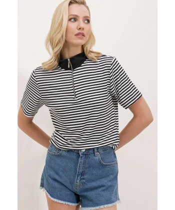 Siyah Polo Yaka Fermuarlı Çizgili Tişört 0497