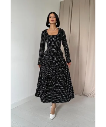 Siyah Puantiye Desenli Volanlı Elbise