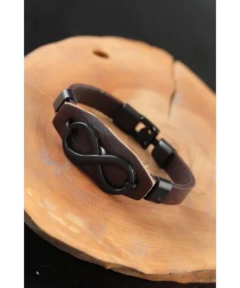 Siyah Sonsuzluklu Metal Aksesuarlı Kahverengi Deri Erkek Bileklik