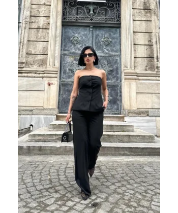 Siyah Straplez Düğmeli Crop Ve Pantolon Takım
