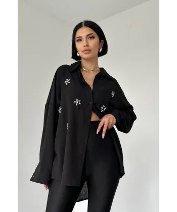 Siyah Taş İşlemeli Gömlek