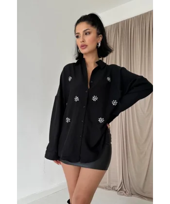 Siyah Taş İşlemeli Gömlek