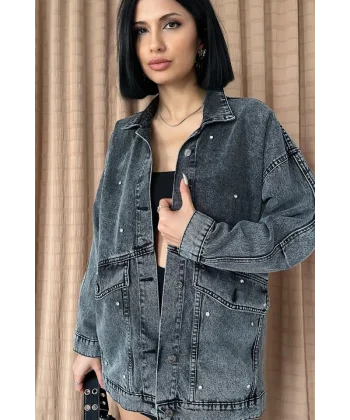 Siyah Taşlı Kot Ceket