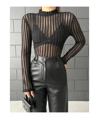 Siyah Tül Detay Transparan Bluz